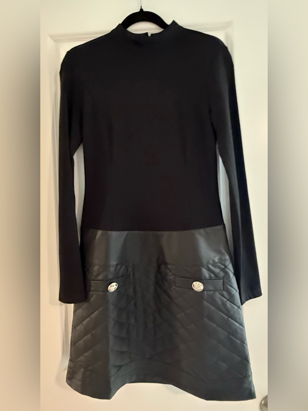 VENUS Black Long Sleeve Quilted Faux Leather Mini Dress - Size 4
